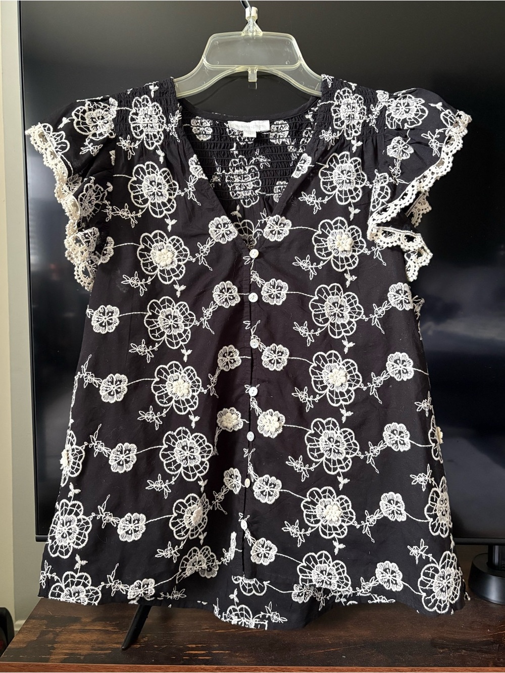 Black Floral Embroidered Flutter Sleeve Top - Women's